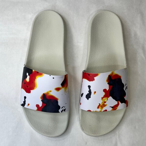 Under Armour Mens Size 14 White Slides With Abstract Red & Black Splatter Design - Picture 2 of 5